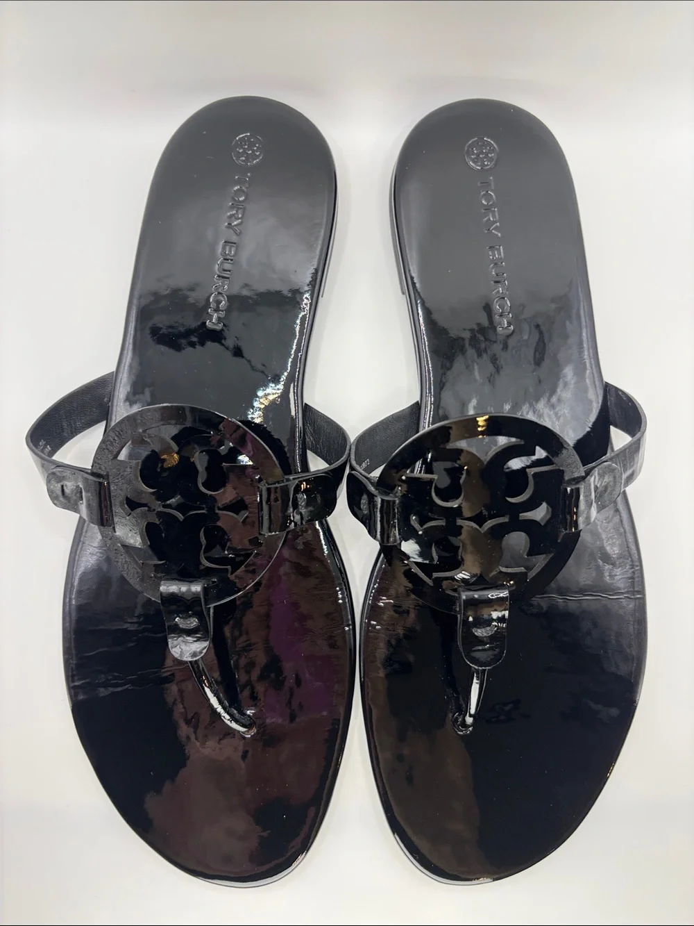 Tory Burch Miller Black Patent Logo Thong Sandals